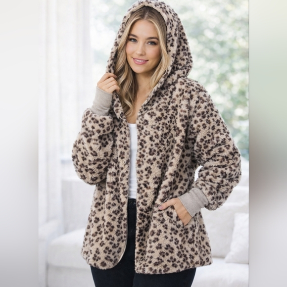 Jackets & Blazers - Leopard-Print Hooded Teddy Jacket - Beige